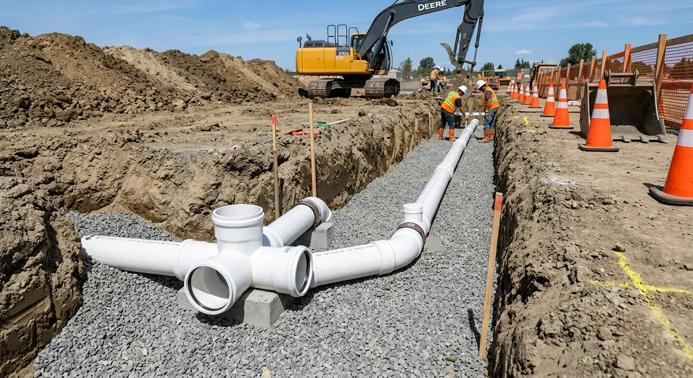 New PVC sewer pipe installation in open trench for Commercial Drain Cleaning in Warrenton