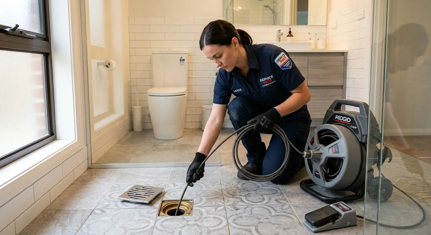 Technician clearing a bathroom floor drain for Drain Repair in Warrenton
